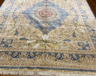 9 x 12 Kashmiri silk rug in blues and golds. Excellent condition. $3900