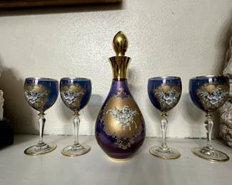 Bohemian Czech Cobalt Gold Decanter and glasses 