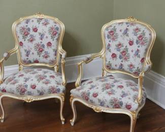 Bergere Armchairs  parlor chairs. gold trim. rose fabric in excellent condition. 