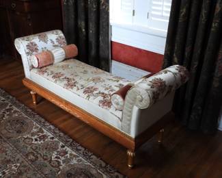 Long rolled arm bench with silk fabric carved wood legs