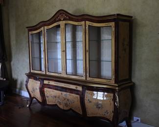 Italian Antique style bookcase with four door riser construction of myrtle burl and California walnut.  Excellent condition. width 8.8'.,Depth 2' , height7.5' Perfect for dining or study area.  $4900