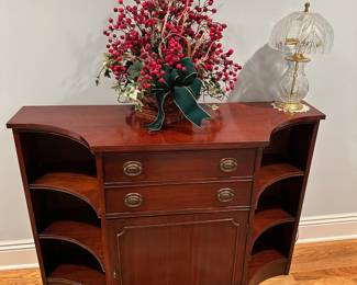 Vintage Mahogany Cabinet, Lamp, Floral Arrangement
