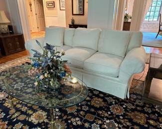 Henredon Sofa, Glass & Brass Coffee Table