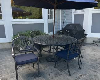 Cast Aluminum Table w/ 6 Chairs, Cushions & Umbrella