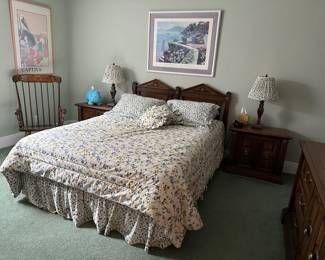 Queen Size Bed w/ Mattress & Boxspring, Pair of Side Tables, Comforter Set, Lamps