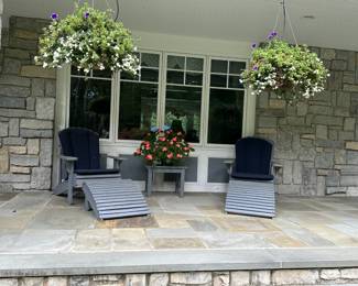 Pair of Adirondack Chairs, Ottomans, Cushions & Side Table