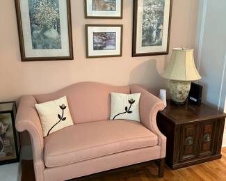 Pictures, Camel Back Love Seat, Cube Side Table