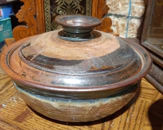 Large Covered Bowl Signed Pottery