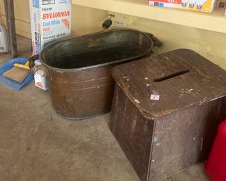metal bin and wooden foot stool