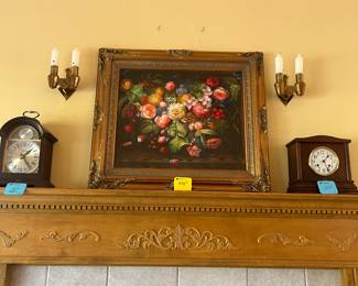 beautiful floral picture and 2 mantel clocks