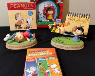Peanuts Clock * 2 Hallmark Action Figurines * 2011 Desk Calendar * 2014 Wall Calendar * DVD
