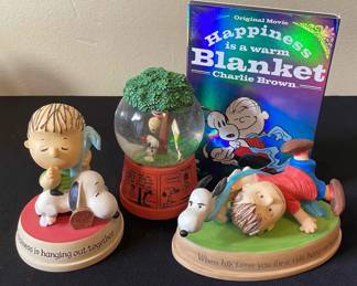 Hallmark Peanuts Figurines * Peanut Strip Musical Waterglobe * Happiness is a Warm Blanket DVD

