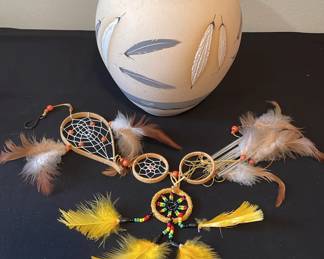 Signed Grey Feather Native American Pottery Pot * Dream Catchers
