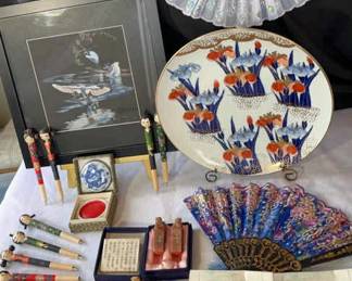 Asian Themed Lot * Framed Cranes, Gold Imari Plate, Stamps, Pens, Fans
