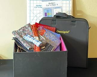 Bin of Fat Quarters Fabrics * Remnants * Omnigrid Storage Case * Quilters Cut n Press II
