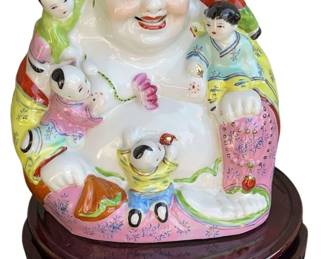 Laughing Buddha Hotei With 5 Children Glazed Porcelain Statue Figurine

