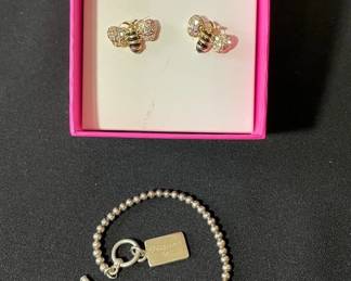 Sterling Silver Bracelet * Karen Inscribed * Betsey Johnson Crystal Bee Pierced Earrings
