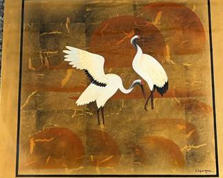 2 Cranes/Storks Painted On Gold Wood * Cigogne * Stork * French To English Translation

