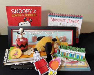 Framed Peanuts Strip Print * Peanuts Books * Linus Figurine * Snoopy Push Puppet Etc
