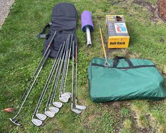 New Golf Rack * Travel Bag * 2 Ball Retrievers * Used Set of Clubs * Left Handed 5 Iron

