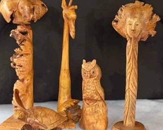 5 Parasite Wood Carvings * Turtle, Elephant, Owl, Giraffe, Praying Native
