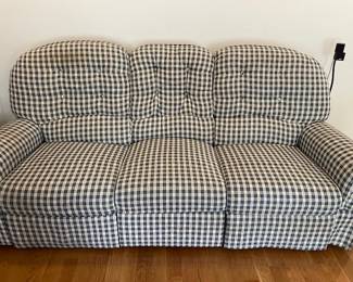 Blue and white checked sofa.