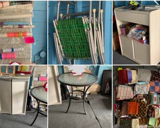 Microwave stand , 2 chairs , fabric squares ,round glass table 