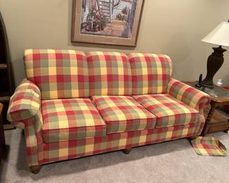 #94	Clayton Marcus Sofa Red/Mustad/Green w/matching pillows - 7' Long - You move downstairs w/curved angle stairs	 $175.00 
