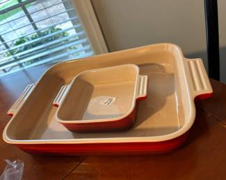 #228	Le Creuset Set Red Ombre Stoneware Rectangular Casserole Baking Pan dish and Small Casserole Dish - sold as a set	 $50.00 
