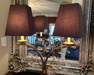 #24	3 Curved Front Chest w/Ball & Claw Feet w/Gold Accents - 40x20x33	 $275.00 
#25	Double Lamp w/Metal Base w/glass prisms - 27" Tall	 $125.00 
#26	Heavy Wood Gilded framed Beveled Rectangular Mirror - 30x51	 $175.00 
