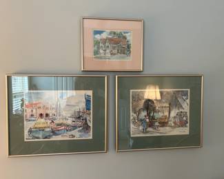 #63	Set of 3 Glass Framed and matted Artwork - Jim Walker - Barbados - 18x15 (2 of them), and 12x10 smaller one on top	 $30.00 
