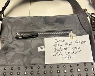 #133	Coach Gray Logo Gray Fabric Shoulder Bag w/studs 	 $40.00 
