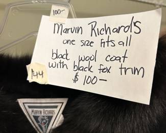 #144	Marvin Richards (one size fits all) Black wool Coat w/black Fox trim	 $100.00 
