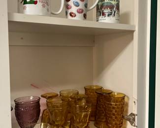 Large Mugs on top shelf - set of glasses & more n bottom shelf