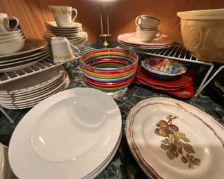 Kitchen - cups, plates, platters, set of breakfast dishes with pitcher, striped mixing bowl