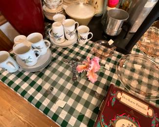 Dining room - plates & matching cups - 2 different sets, large red vase, aluminum items, plates
