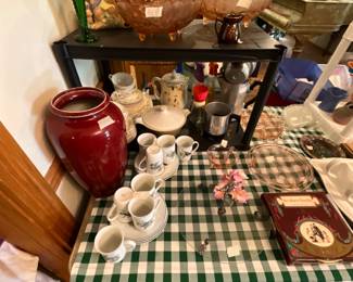 Dining room - top shelf - vintage footed bowls, vase & decor