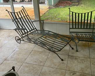 2, Wrought iron Chaise Lounge, green with beatiful detail.