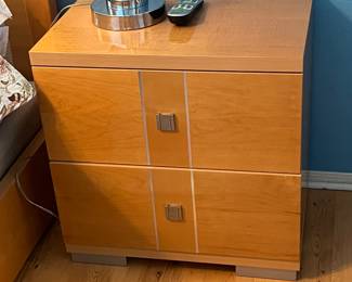 Mid century modern nightstands, queen bed low profile.