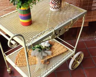 Vintage Yellow Wrought Iron Tea/ Flower / Bar Cart