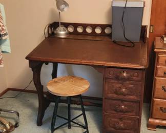 Antique Slant Front Leather Top Desk