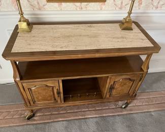 Wood bar cart with Travertine top 42"W x 32"H x 18"D