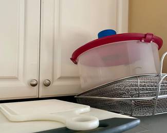 Cutting boards, cake plate, and wire cooking baskets