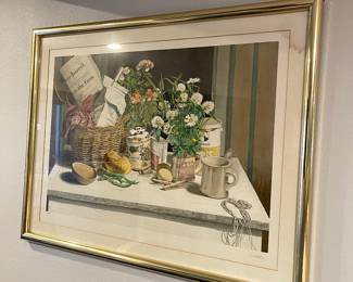 Limited edition print depicting a table with onion, egg, tea and flowers on the back.
Signed in pencil lower right, numbered 95/275 lower left. Image size: 30" x 21", full size: 34" x 26". Unframed. #Art #StillLife #Flowers
Artist: Audean Johnson
Edition Number: 95/275 Country of Origin: United States