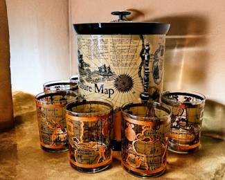 Treasure map ice bucket with 6 whiskey glasses 