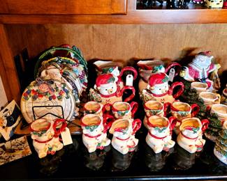 Omnibus by Fitz and Floyd Sri Lanka 1995 teapot picture three cups and a creamer. We have two sets of these. Each set sold separately