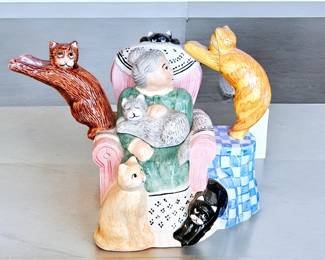 1993 Lotus Ceramic Tea Pot with Grandmother and Cats 