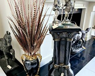Gold accent vase with pheasant feathers and Brass column 