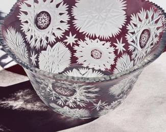 Bohemian Ruby Cut to clear sawtooth Edge glass bowl 