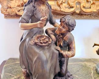 Art Nouveau Bronze Mother with boy and birds